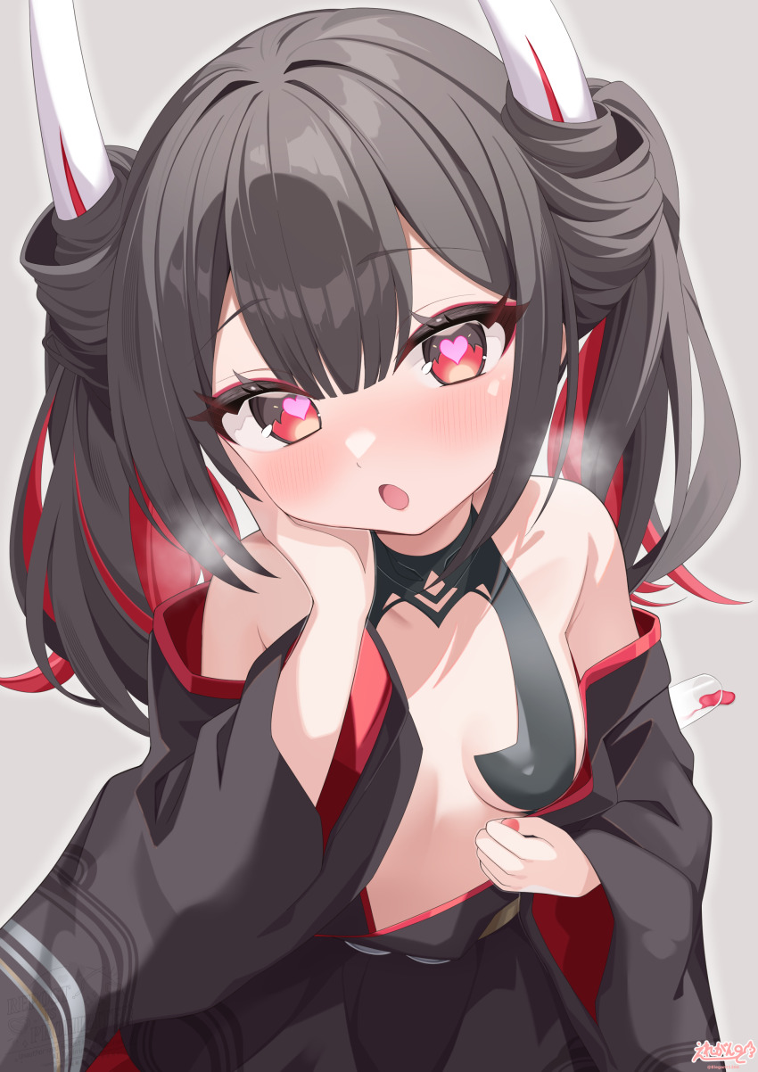 1girl absurdres azur_lane bare_shoulders black_dress black_hair black_skirt blush breasts colored_inner_hair dress elegant_(sumisumi4268) grey_background hatsuzuki_(azur_lane) hatsuzuki_(luxurious_celebration_time)_(azur_lane) heart heart-shaped_pupils highres horns long_hair looking_at_viewer multicolored_hair official_alternate_costume open_mouth red_eyes red_hair red_innertube simple_background skirt small_breasts solo symbol-shaped_pupils twintails two-tone_hair wide_sleeves