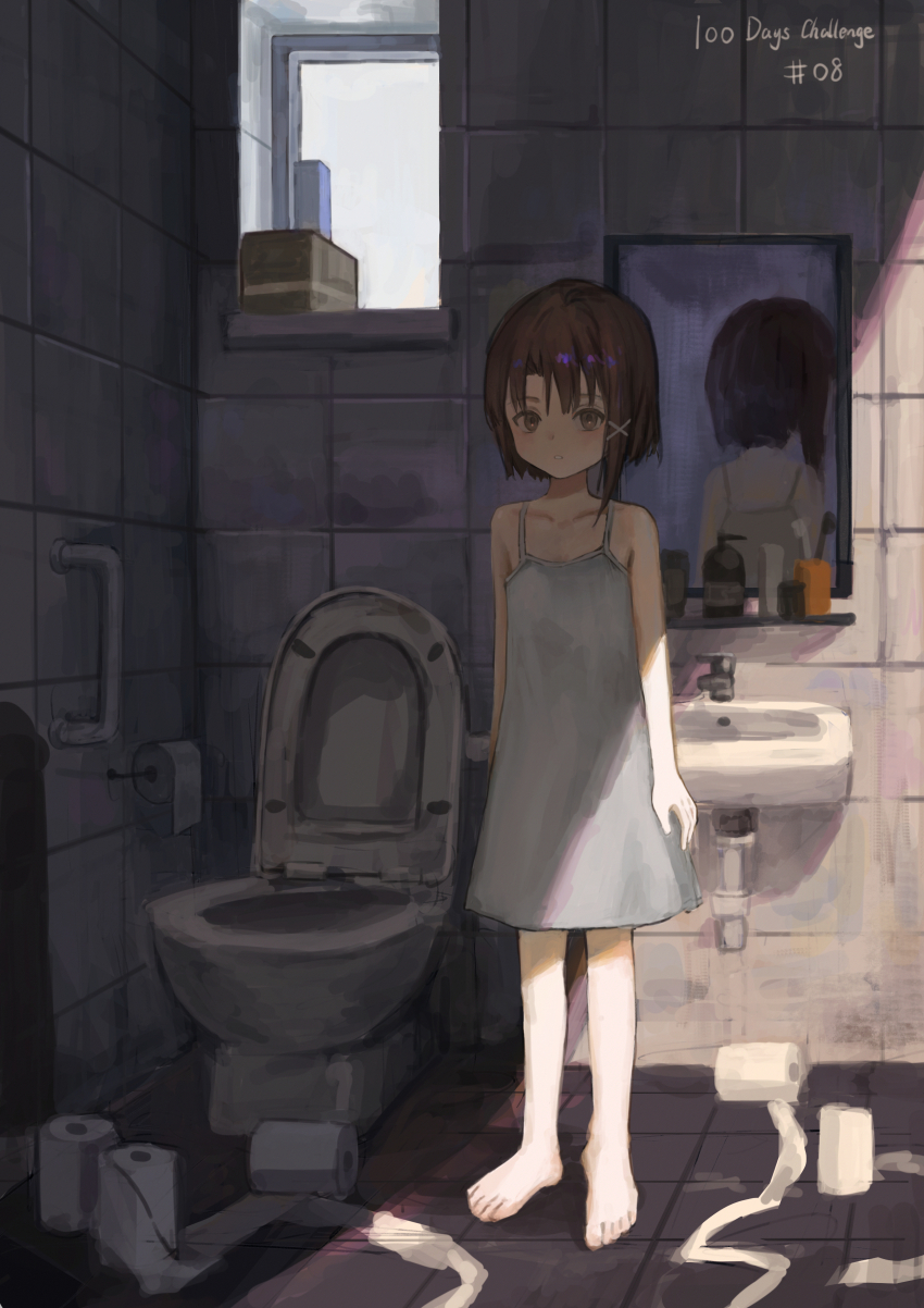 1girl absurdres asymmetrical_hair bare_shoulders barefoot bathroom brown_eyes brown_hair camisole catzz child closed_mouth collarbone commentary dress full_body hair_ornament hairclip highres indoors iwakura_lain looking_at_viewer mirror reflection serial_experiments_lain short_hair single_sidelock sink solo standing tile_floor tile_wall tiles toilet toilet_paper white_camisole window x_hair_ornament