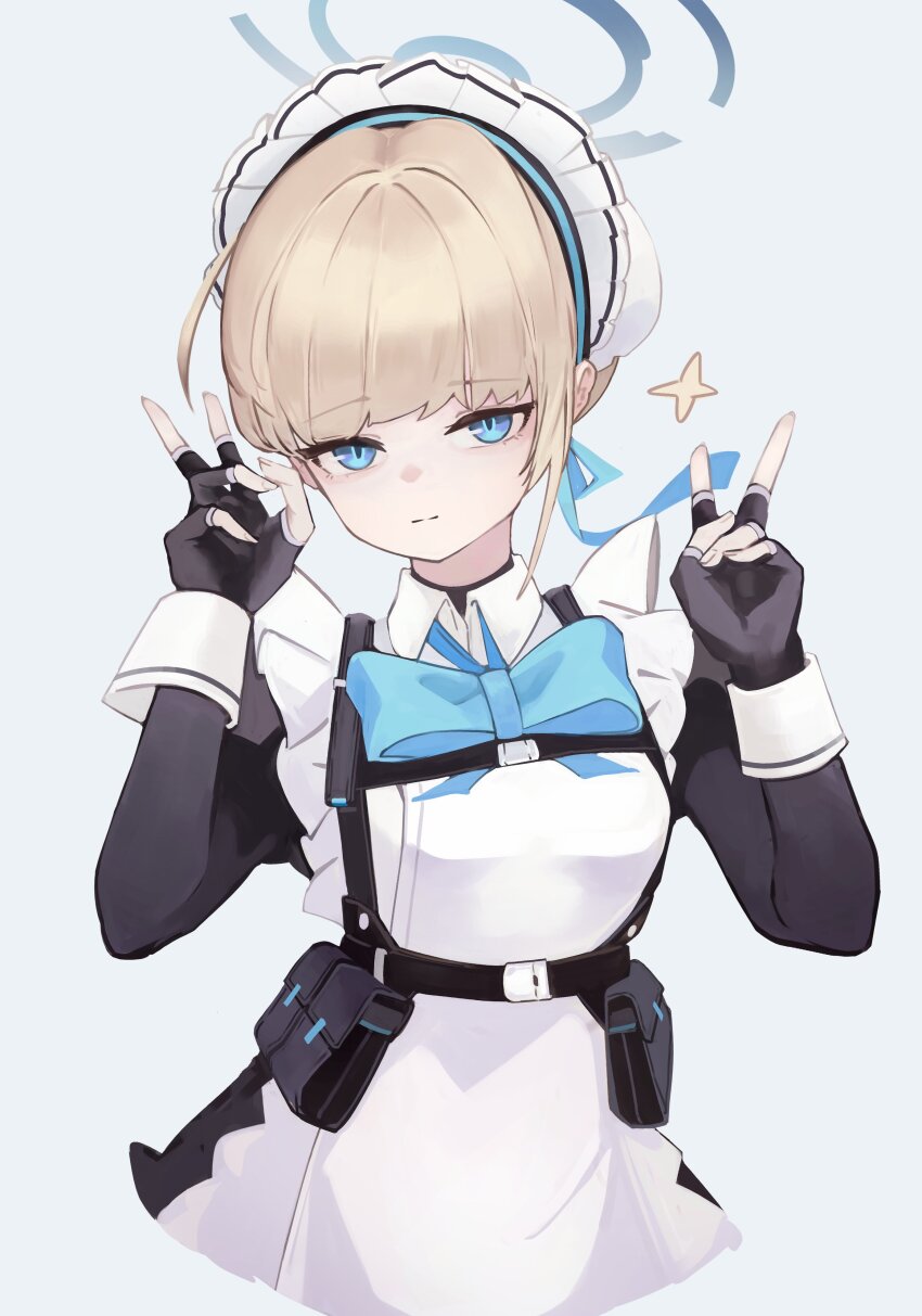 1girl absurdres aqua_bow aqua_bowtie black_gloves blonde_hair blue_archive blue_bow blue_bowtie blue_eyes blue_halo bow bowtie closed_mouth double_v dress fingerless_gloves gloves halo highres jun_daniell long_sleeves looking_at_viewer maid_headdress partially_fingerless_gloves simple_background solo star_(symbol) toki_(blue_archive) v white_wrist_cuffs wrist_cuffs