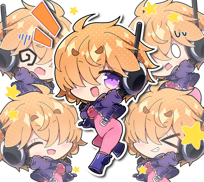 &gt;_&lt; 0_0 1girl :d @_@ black_gloves bodysuit boots breasts brown_hair closed_eyes commentary_request covered_groin gloves grin hair_over_one_eye highres jacket large_breasts long_sleeves milkpanda multiple_views one_piece open_clothes open_jacket open_mouth outline pink_bodysuit puffy_long_sleeves puffy_sleeves purple_boots purple_eyes purple_jacket short_eyebrows simple_background sleeves_past_wrists smile star_(symbol) sweat thick_eyebrows vegapunk_lilith white_background white_outline