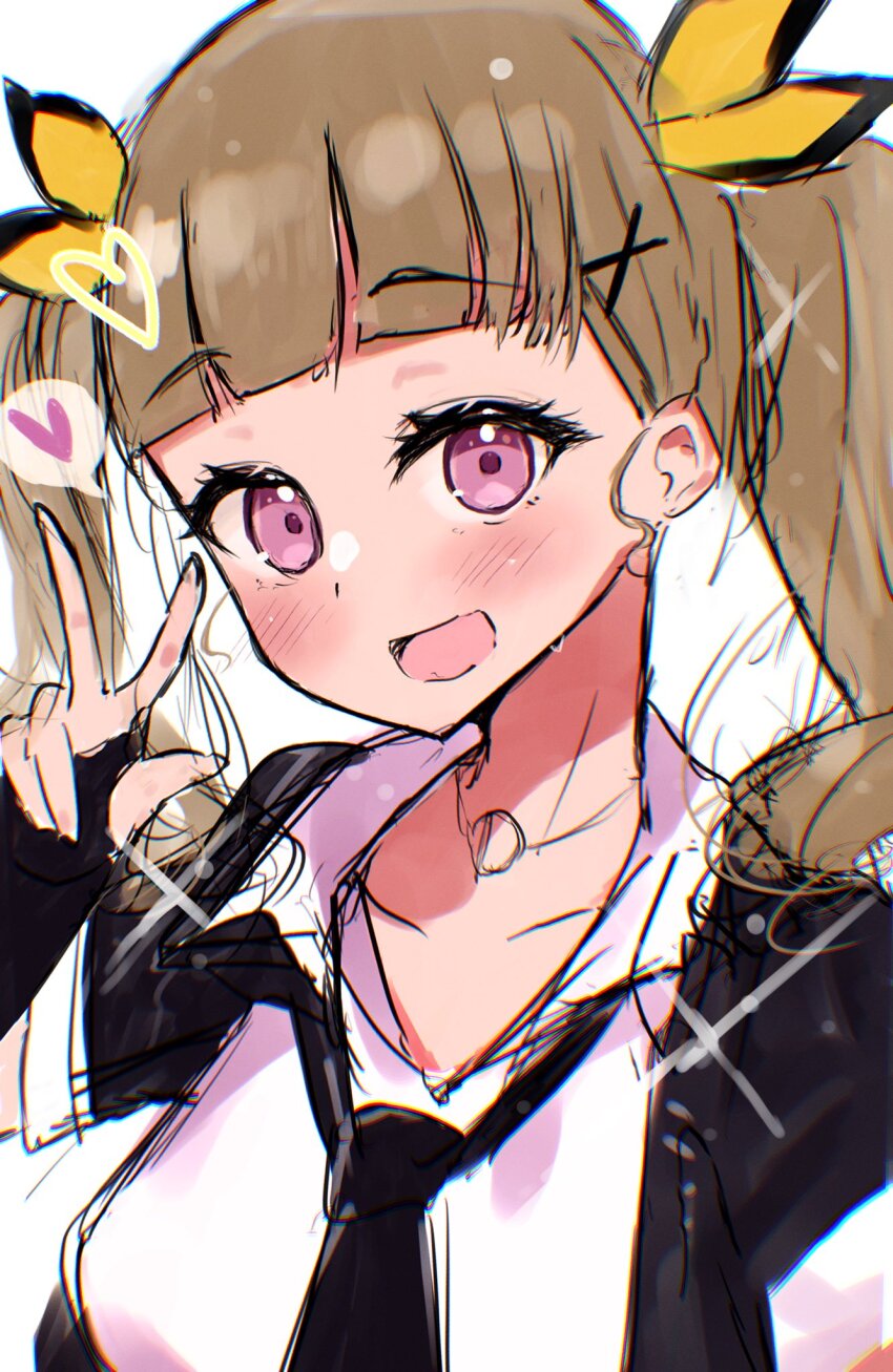 1girl :d black_gloves black_jacket black_necktie blunt_bangs brown_hair collarbone collared_shirt commentary_request dress_shirt fingerless_gloves gloves hair_ornament heart highres i_do_me!_(love_live!) jacket kachimachi_kosuzu link!_like!_love_live! looking_at_viewer love_live! necktie official_alternate_costume official_alternate_hairstyle open_clothes open_jacket open_mouth pink_eyes shirt short-sleeved_jacket short_sleeves simple_background smile solo speech_bubble spoken_heart syoma_(1026syoma) twintails upper_body virtual_youtuber white_background white_shirt x_hair_ornament