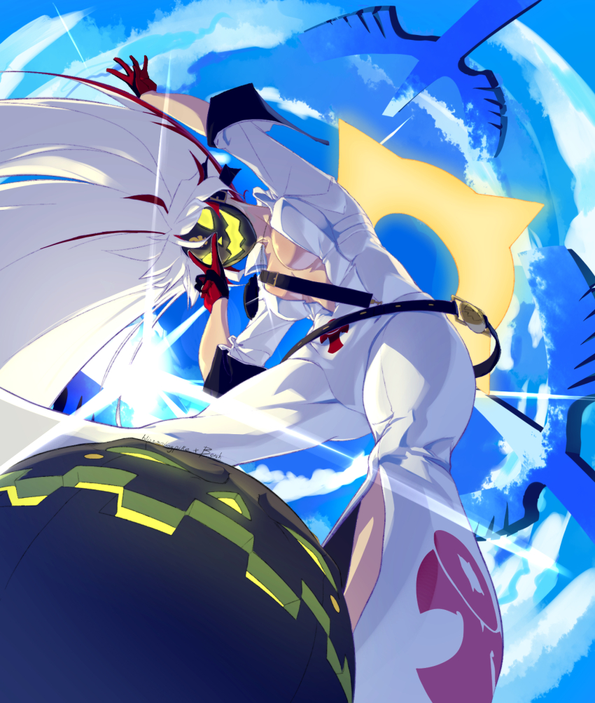1girl ankh_print ball_and_chain_restraint bell-bottoms black_gloves blizzardingpike bodysuit borcheim breasts spiked_halo dorpos front_slit gloves glowing_mouth green_eyes grey_mask guilty_gear guilty_gear_xrd hair_between_eyes halo highres jack-o&#039;_valentine large_breasts long_hair long_sleeves looking_at_viewer multicolored_hair open_mouth pants pumpkin_mask red_hair skull_belt two-tone_hair white_bodysuit white_hair