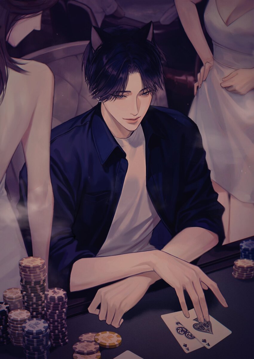 1boy 2girls ace_(playing_card) animal_ears bare_shoulders black_hair blue_jacket blurry blurry_background breasts card cat_ears cleavage closed_mouth cowboy_shot dress earrings faceless faceless_female grey_eyes hand_on_own_hip hands_on_table head_out_of_frame highres holding holding_card indoors jacket jewelry light_particles male_focus medium_hair multiple_girls original people playing_card poker_chip poker_table shirt short_hair small_breasts solo_focus strapless strapless_dress table thick_lips toscana20460423 upper_body white_dress white_shirt
