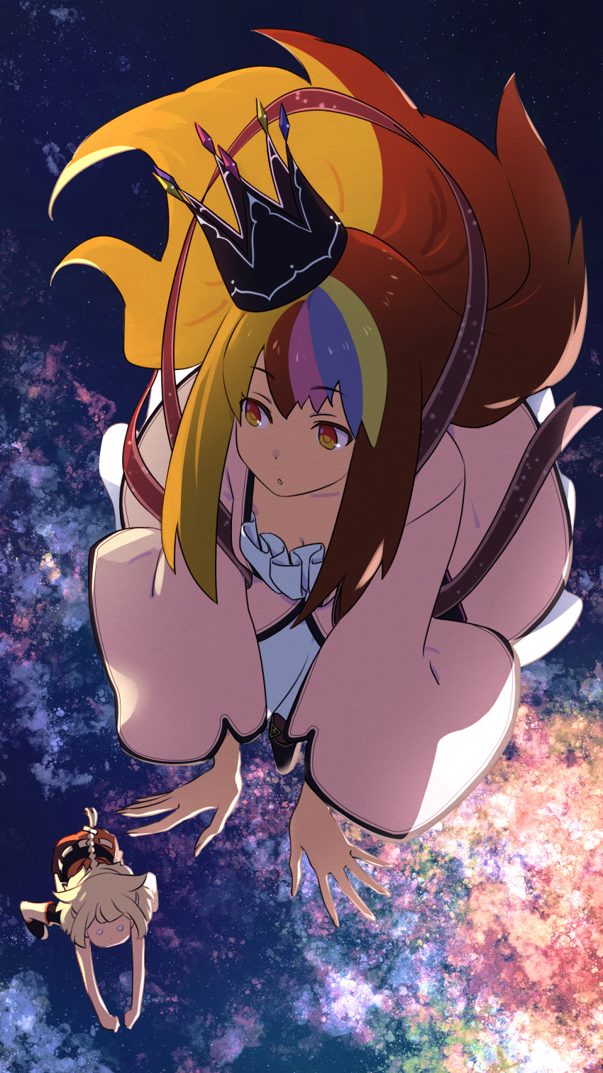 2girls :o absurdres blonde_hair blue_eyes braid brown_eyes brown_hair cevio crown dress floating galaco galaco_(neo) galaxy hair_flaps highres huge_filesize long_hair looking_to_the_side multicolored_hair multiple_girls one_(cevio) orange_dress pink_dress platinum_blonde_hair ribbon sky solid_circle_eyes space star_(sky) starry_sky streaked_hair tarokazu vocaloid