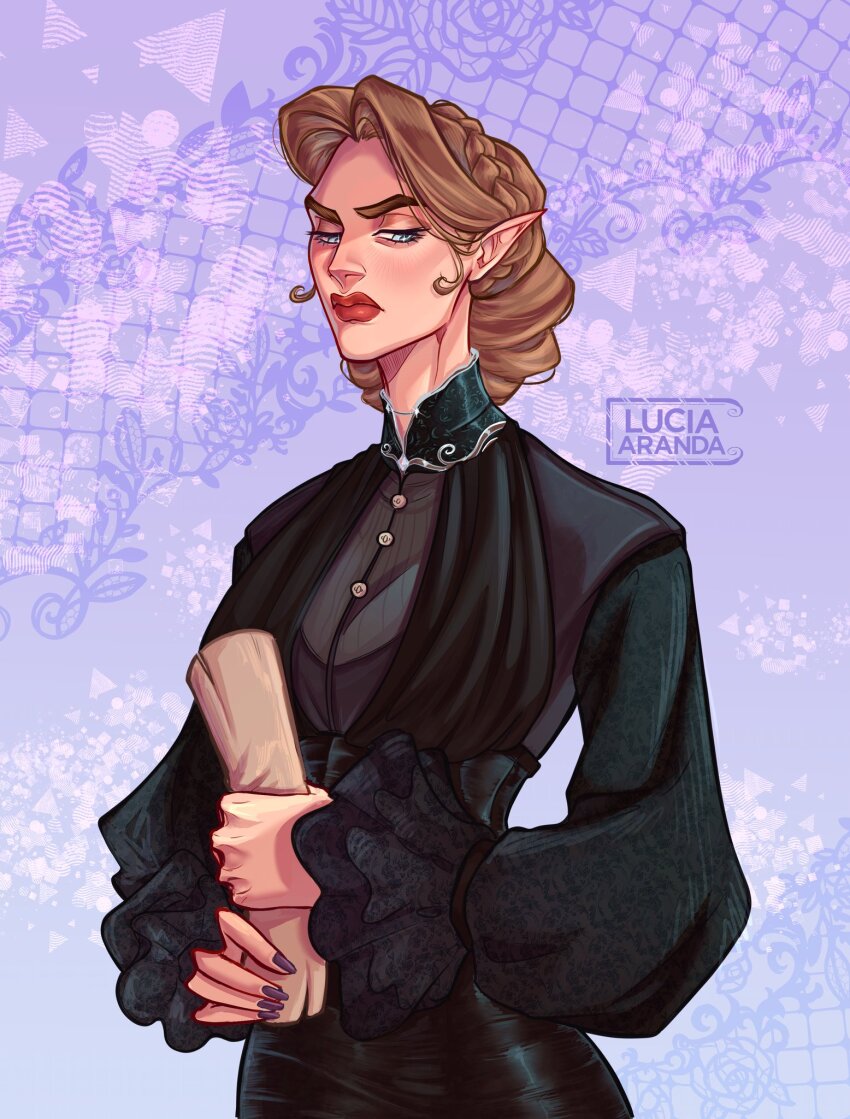 1girl a_court_of_thorns_and_roses_(series) artist_logo artist_name braid brown_hair commentary crown_braid english_commentary grey_eyes highres holding logo long_sleeves luciaarandart nesta_archeron paper parchment pointy_ears purple_background simple_background updo
