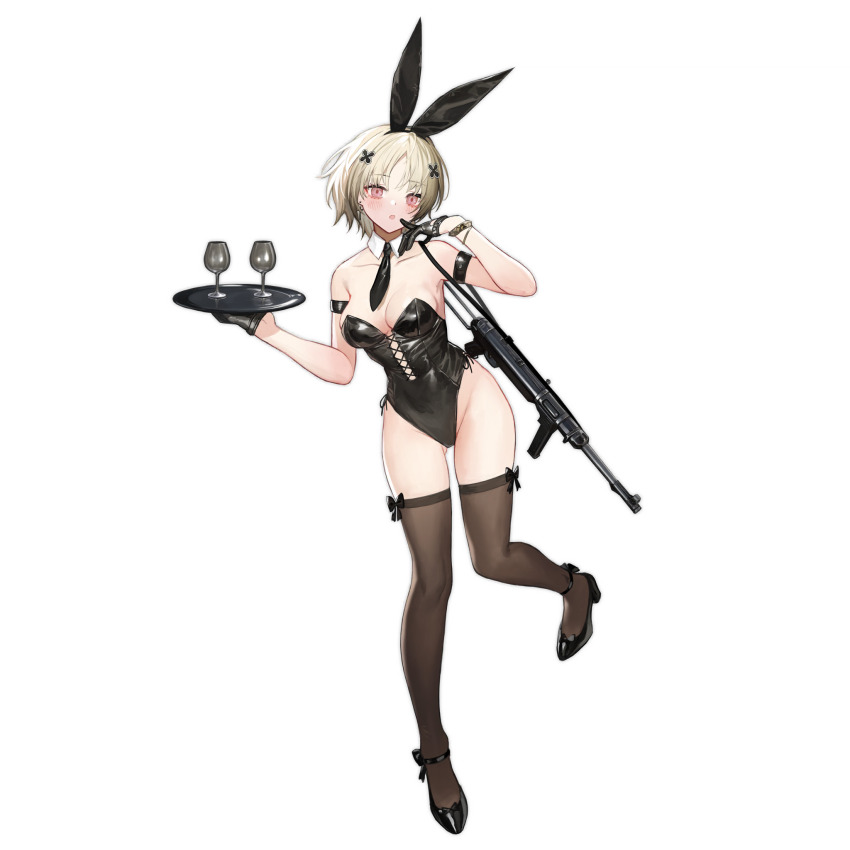 1girl animal_ears armband artist_request bangle black_armband black_bow black_gloves black_leotard black_necktie black_shoes black_thighhighs blonde_hair blush bow bracelet breasts character_name check_artist collarbone commentary copyright_name cross cross-laced_clothes cross-laced_leotard cross_earrings cup detached_collar drinking_glass earrings english_commentary english_text fake_animal_ears finger_to_mouth footwear_bow full_body girls&#039;_frontline gloves gluteal_fold gun gun_sling haijin hair_ornament half_gloves hands_up high_heels highleg highleg_leotard highres holding holding_plate jewelry leotard looking_at_viewer medium_breasts mp40 mp40_(champagne_of_spades)_(girls&#039;_frontline) mp40_(girls&#039;_frontline) necktie official_art parted_bangs parted_lips pink_background pink_eyes plate playboy_bunny promotional_art rabbit_ears shoes simple_background solo standing standing_on_one_leg star_(symbol) submachine_gun thighhighs third-party_source transparent_background weapon wine_glass x_hair_ornament