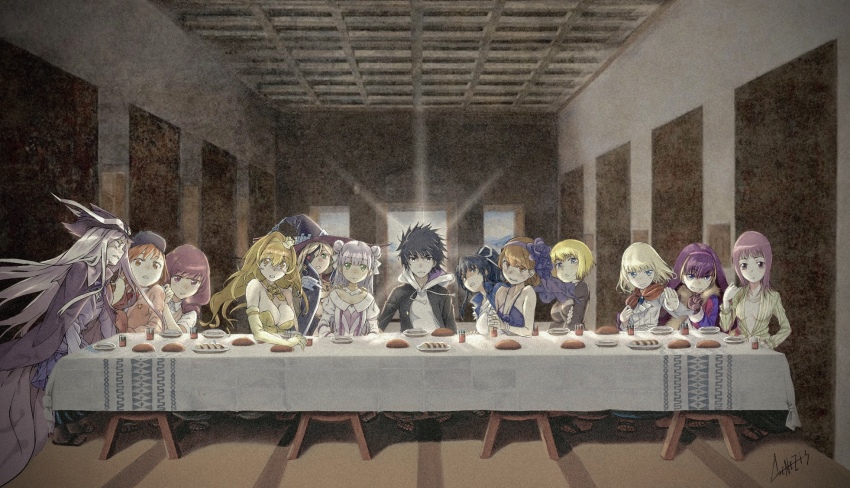 1boy 6+girls aleis-tan aleister_crowley_(toaru_majutsu_no_index) black_hair blonde_hair breasts brown_eyes brown_hair cleavage dress eyepatch fine_art_parody food green_eyes haimura_kiyotaka highres index_(toaru_majutsu_no_index) itsuwa kamijou_touma kanzaki_kaori large_breasts leivinia_birdway lessar misaka_imouto misaka_mikoto mitsuari_ayu multiple_girls no_bra orsola_aquinas othinus parody plunging_neckline sandals school_uniform shokuhou_misaki table the_last_supper toaru_majutsu_no_index toaru_majutsu_no_index:_new_testament white_hair yellow_dress
