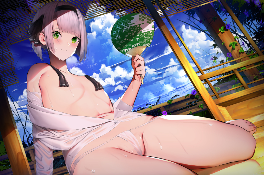 1girl absurdres arm_support banitya bare_legs bare_shoulders barefoot black_hairband black_ribbon blue_sky blunt_bangs blush breasts bush buttons closed_mouth cloud cloudy_sky collarbone commentary_request day dress_shirt fanning fanning_face fanning_self flat_chest flower foreshortening fundoshi green_eyes groin hairband hand_fan hand_up highres holding holding_fan hot japanese_clothes konpaku_youmu leaf long_sleeves looking_at_viewer loose_neckwear lowleg lowleg_panties navel neck_ribbon no_shoes off_shoulder open_clothes open_shirt panties paper_fan purple_flower ribbon shirt short_hair silver_hair sitting sky small_breasts smile solo stomach string_panties summer sweat toenails touhou tree uchiwa underwear undone_neck_ribbon veranda wariza wet wet_clothes wet_shirt white_panties white_shirt wooden_floor yokozuwari