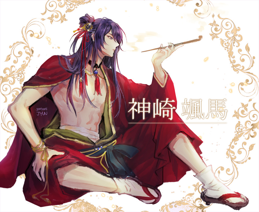 1boy abs artist_name blowing_smoke blue_sash bracelet character_name cigarette_holder colored_flower_cards_(ensemble_stars!) dated dyd476 elbow_on_knee embers ensemble_stars! eyeshadow full_body geta gold_bracelet gold_trim hair_between_eyes hair_bun hair_ornament hand_on_own_thigh highres japanese_clothes jewelry kanzaki_souma kanzashi kimono knee_up long_hair makeup midriff_sarashi muscular muscular_male navel obi obijime official_alternate_costume official_alternate_hairstyle open_clothes open_kimono parted_lips pectorals profile purple_eyes purple_hair red_eyeshadow red_kimono red_ribbon ribbon sarashi sash sidelocks single_hair_bun sitting solo sparkle tabi topless_male white_background wide_sleeves