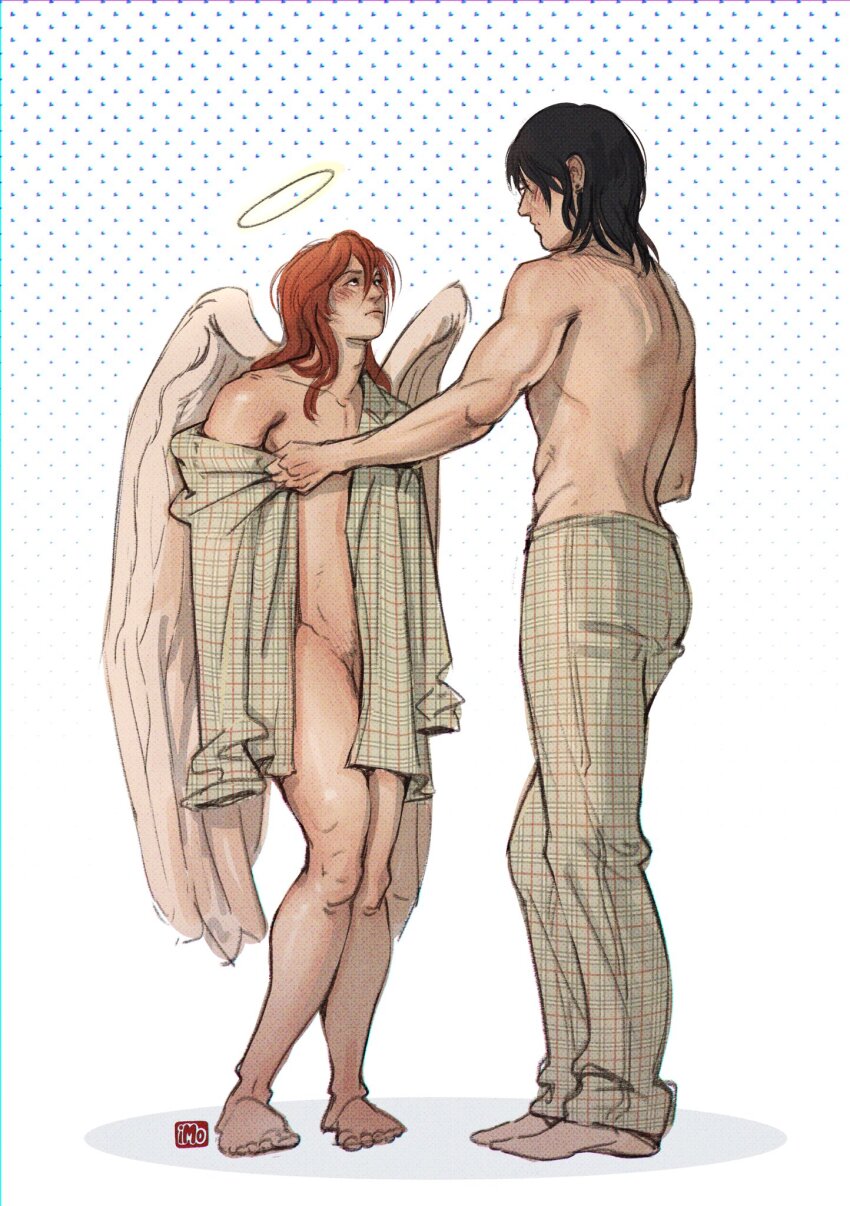 2boys alternate_costume angel angel_devil_(chainsaw_man) angel_wings artist_name black_hair blush borrowed_clothes bottomless chainsaw_man closed_mouth commentary couple earrings english_commentary full_body gingham gingham_pajamas gingham_pants gingham_shirt hair_undone halo hayakawa_aki height_difference highres isolabellz jewelry long_hair long_sleeves looking_at_another male_focus medium_hair multiple_boys naked_shirt no_shoes off_shoulder oversized_clothes oversized_shirt pajamas polka_dot polka_dot_background shirt simple_background standing thighs toned toned_male topless_male white_wings wings yaoi