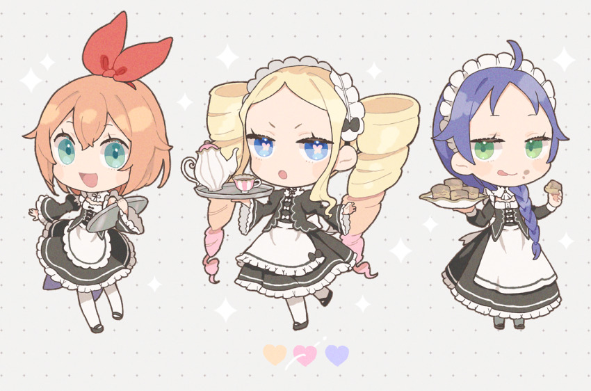 3girls :d :o ahoge alternate_costume beatrice_(re:zero) blonde_hair blue_eyes blush bow_hairband braid butterfly-shaped_pupils chibi commentary_request cup dress drill_hair enmaided eyelashes frills green_eyes hair_between_eyes hairband holding holding_tray long_hair long_sleeves looking_at_viewer maid maid_headdress meili_portroute multiple_girls open_mouth orange_hair pantyhose parupin petra_leyte re:zero_kara_hajimeru_isekai_seikatsu red_ribbon ribbon roswaal_mansion_maid_uniform shoes short_hair sidelocks smile symbol-shaped_pupils teacup teapot tray twin_drills twintails