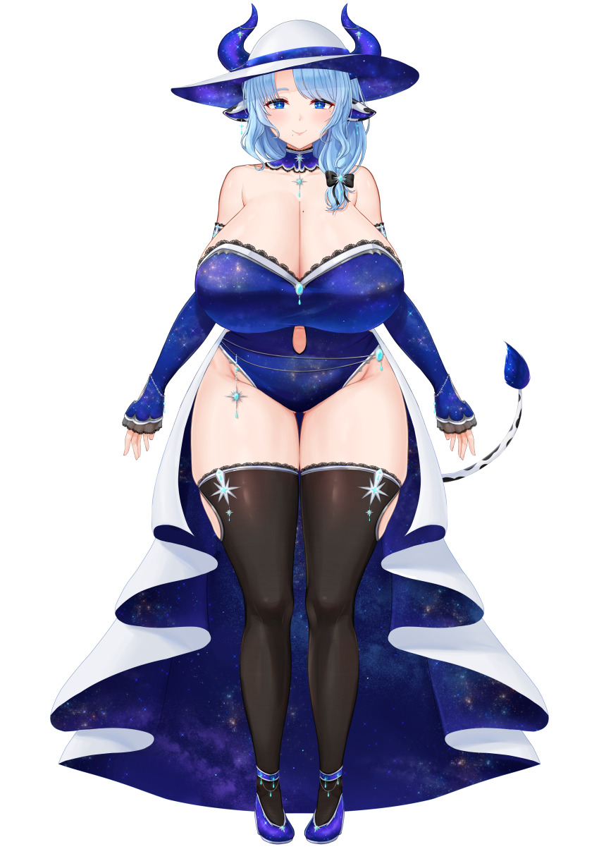 1girl absurdres animal_ears asymmetrical_hair asymmetrical_sidelocks bare_shoulders black_thighhighs blue_eyes blue_hair blue_leotard blue_pupils blue_shoes breasts bright_pupils cleavage closed_mouth collarbone cow_ears cow_girl cow_horns cow_tail cream_cod detached_collar detached_sleeves full_body hat highres horns huge_breasts indie_virtual_youtuber jewelry lace_trim leotard long_hair long_sleeves miilkywayz mole mole_on_breast mole_under_eye mole_under_mouth official_art parted_bangs shoes showgirl_skirt sidelocks simple_background sleeves_past_wrists smile solo space_print standing star-shaped_pupils star_(symbol) starry_sky_print straight-on strapless strapless_leotard sun_hat symbol-shaped_pupils tachi-e tail thick_thighs thigh_gap thighhighs thighs two-sided_fabric two-sided_skirt virtual_youtuber white_background white_hat wide_hips