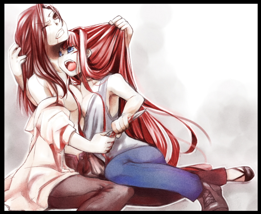 2girls aozaki_aoko aozaki_touko bad_id bad_pixiv_id blood blue_eyes breast_press breasts brown_eyes brown_hair catfight dagger denim grabbing_another&#039;s_hair injury jeans kamehima knife long_hair mahou_tsukai_no_yoru multiple_girls open_mouth pants red_hair siblings sisters sleeves_pushed_up type-moon weapon