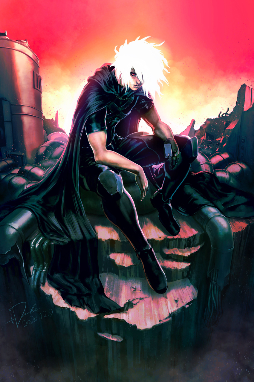 1boy absurdres black_cape black_pants black_shirt boku_no_hero_academia building cape gradient_sky highres hood hooded_cape looking_at_viewer male_focus orange_sky outdoors pants prosthetic_fingers red_eyes red_sky rubble ruins shigaraki_tomura shirt short_hair sky solo tdsuke white_hair