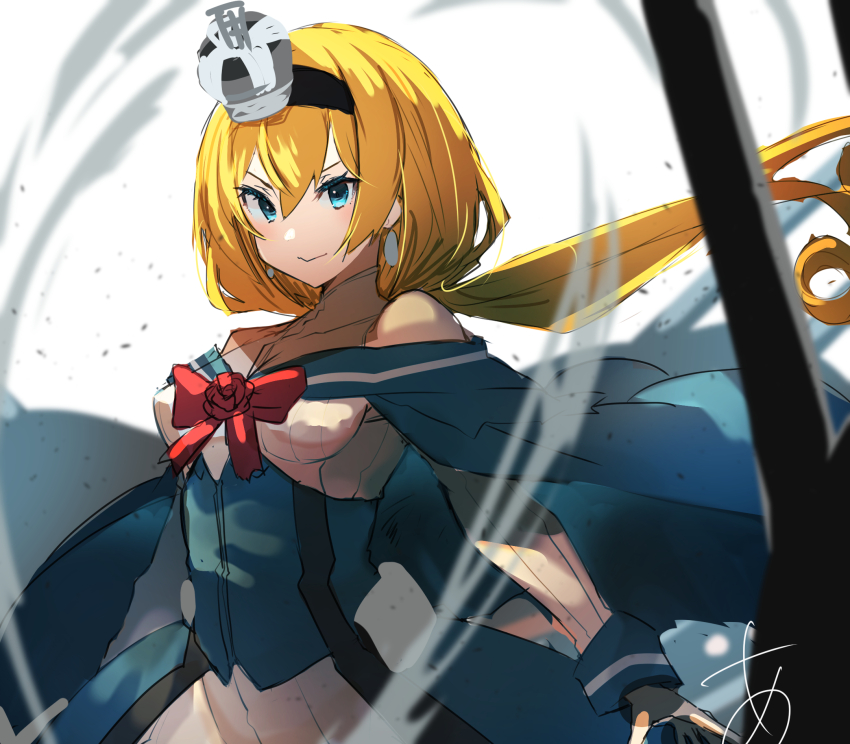 1girl bare_shoulders black_hairband blonde_hair blue_eyes bow breasts closed_mouth crown earrings hair_between_eyes hairband highres jewelry kantai_collection long_sleeves looking_at_viewer medium_breasts mini_crown red_bow signature simple_background solo sunday_aki valiant_(kancolle) white_background