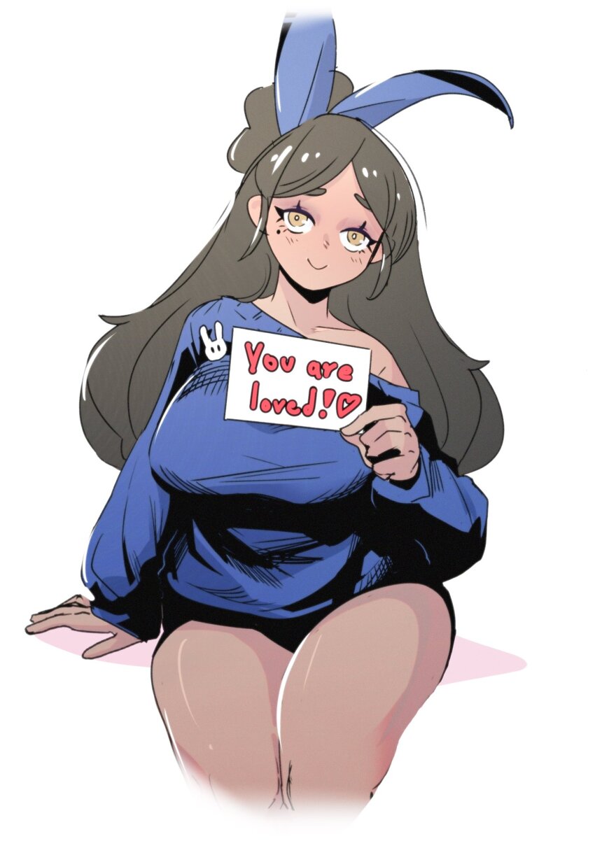1girl animal_ears arm_support bare_legs blue_sweater borrowed_character breasts bright_pupils collarbone cropped_legs english_text grey_hair hair_bun head_tilt highres holding holding_sign huge_breasts invisible_chair long_hair long_sleeves looking_at_viewer mole mole_under_eye original parted_bangs plump puffy_long_sleeves puffy_sleeves qwetzo rabbit_ears shadow sign simple_background single_off_shoulder sitting smile sweater thick_eyebrows thick_thighs thighs white_background white_pupils yellow_eyes
