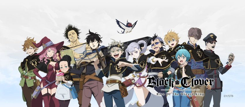 5girls 6+boys bird black_clover black_hair breasts charmy_pappitson cleavage dress finral_roulacase garter_straps gauche_adlai gordon_agrippa green_eyes grey_(black_clover) hat highres long_hair luck_voltia magna_swing multiple_boys multiple_girls noelle_silva official_art one_eye_closed pink_hair purple_eyes secre_swallowtail silver_hair smile sword twintails vanessa_enoteca weapon witch_hat yami_sukehiro yuno_(black_clover)