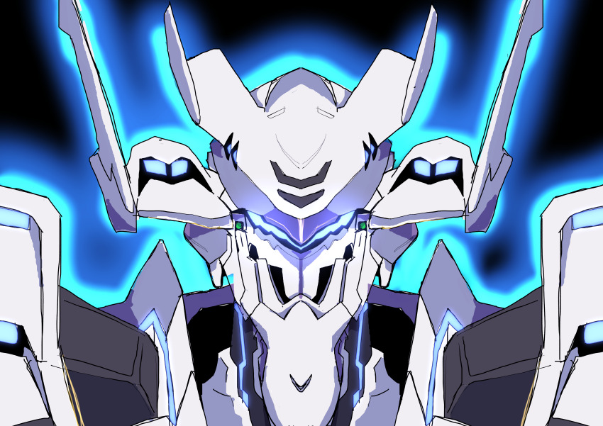 absurdres assault_visor black_background glowing highres legna1113 mecha mecha_focus muv-luv muv-luv_alternative muv-luv_total_eclipse no_humans portrait robot science_fiction straight-on tactical_surface_fighter xfj-01a_shiranui