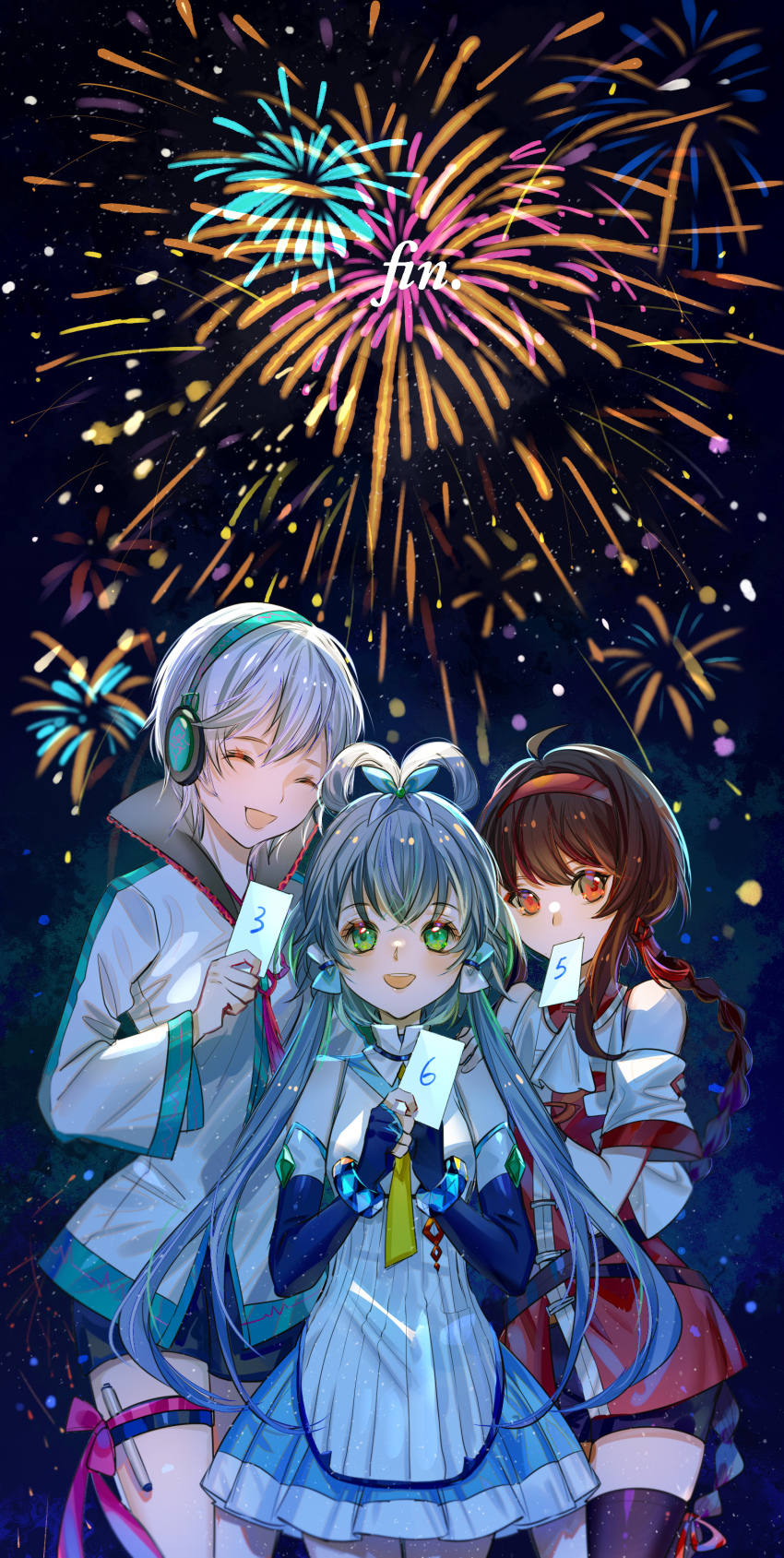 3girls absurdres backlighting bare_shoulders bike_shorts blue_skirt blue_sleeves brown_eyes brown_hair closed_eyes commentary cowboy_shot detached_sleeves dress fireworks green_eyes grey_hair hair_rings hairband hand_on_another&#039;s_shoulder headphones highres holding holding_paper jacket jamjar77 long_hair luo_tianyi medium_hair mouth_hold multiple_girls night night_sky open_mouth paper red_skirt shirt short_hair skirt sky smile standing star_(sky) starry_sky thigh_strap thighhighs vocaloid vsinger_(vocaloid) white_dress white_hair white_jacket white_shirt yanhe yuezheng_ling zettai_ryouiki