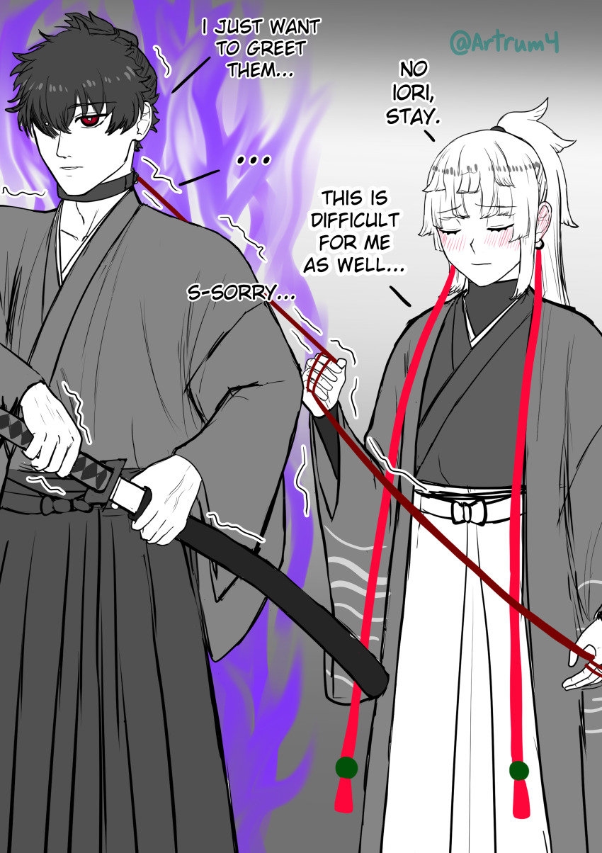 1boy 1girl absurdres animal_collar artrum4 blush closed_eyes closed_mouth collar commentary english_commentary english_text fate/grand_order fate/samurai_remnant fate_(series) greyscale hair_over_one_eye hakama highres holding holding_collar japanese_clothes katana kimono long_hair miyamoto_iori_(fate) monochrome one_eye_covered partially_colored ponytail red_eyes short_hair short_ponytail sword twitter_username weapon wide_sleeves yui_shousetsu_(fate)