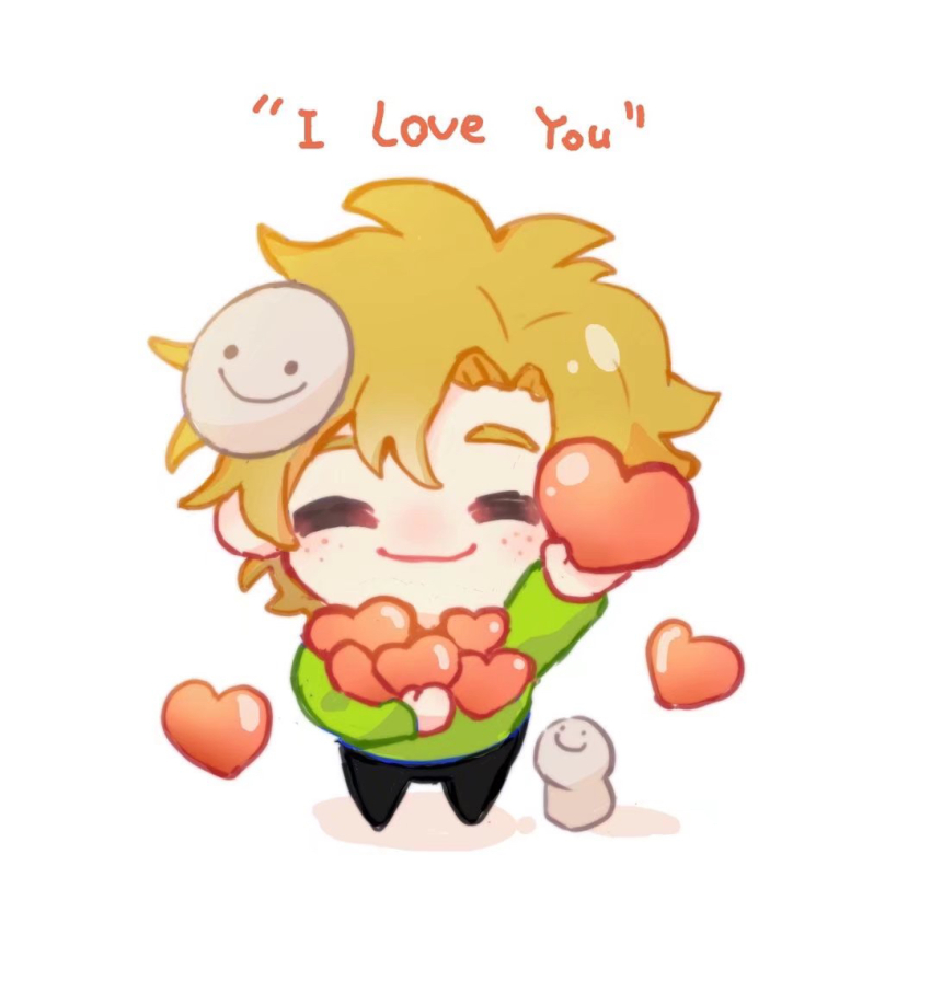 1boy blonde_hair chibi chibi_only closed_eyes commentary dream_(youtuber) dream_(youtuber)_(blob) dual_persona english_commentary english_text freckles from_above green_hoodie happy heart holding hood hoodie male_focus mask mask_on_head minecraft_youtube perspective smile smiley_face unworn_mask wangling_yinduren