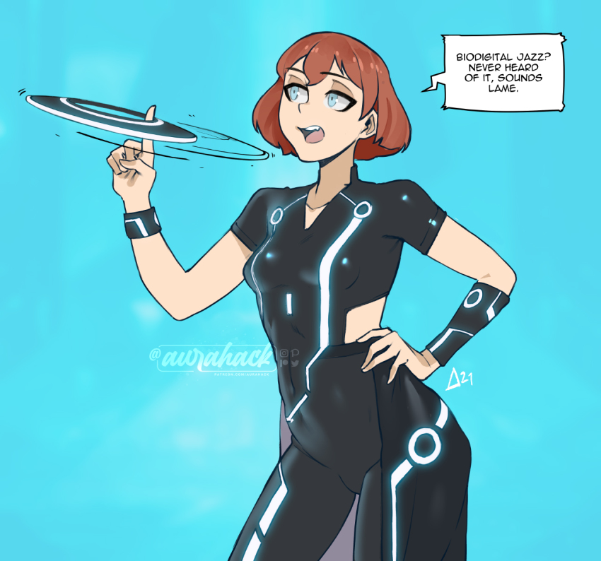 1girl artist_name aurahack blue_background blue_eyes bodysuit breasts brown_hair disc english_text hair_behind_ear hand_on_own_hip open_mouth original science_fiction short_hair skin_tight small_breasts solo speech_bubble spinning tron
