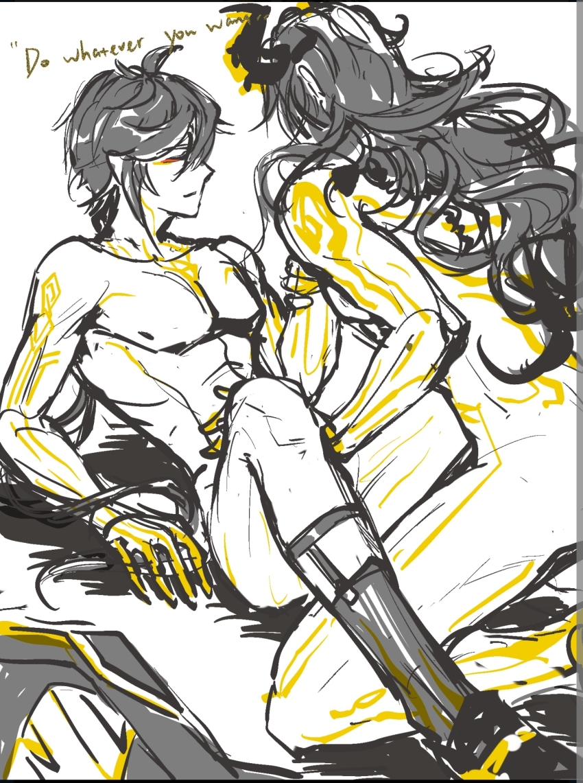 2boys azhdaha_(genshin_impact) blush calf_socks dragon_horns emmental17 english_text genshin_impact greyscale highres horns implied_sex missionary monochrome multiple_boys on_floor white_background yaoi zhongli_(genshin_impact)