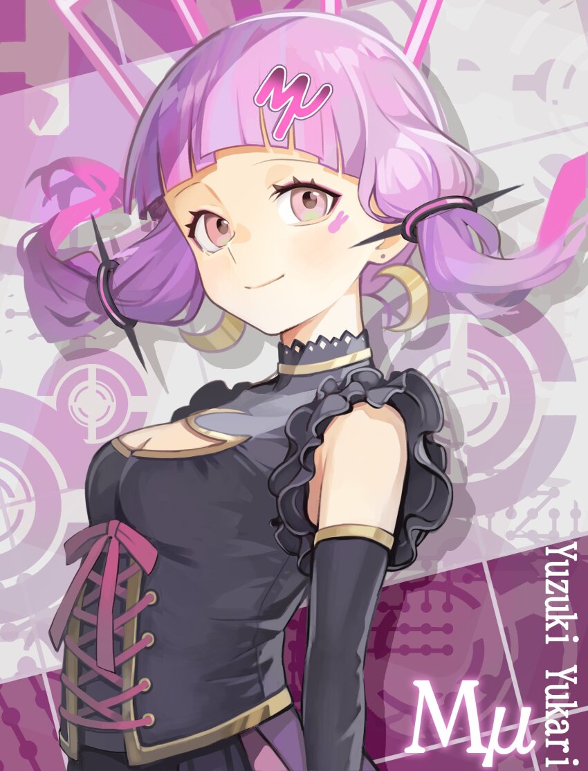 1girl absurdres black_shirt blunt_ends breasts character_name cleavage_cutout clothing_cutout commentary_request cross-laced_clothes cross-laced_top detached_sleeves ear_piercing eyelashes eyeliner facial_mark frilled_shirt frills hair_ornament highres kari_kenji makeup medium_breasts piercing pink_eyeliner pink_eyes pink_ribbon purple_hair ribbon shirt solo twintails vocaloid voiceroid yuzuki_yukari yuzuki_yukari_(mu)