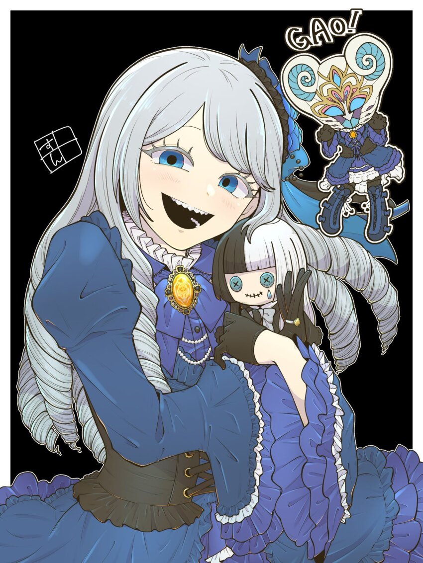 1girl blue_eyes button_eyes buttons character_doll doll dress frills hat highres holding holding_doll holding_umbrella hugging_doll hugging_object jiip_stomach kamen_rider kamen_rider_gavv_(series) liselle_jaldak long_hair long_sleeves looking_at_viewer nichiyouasa_da open_mouth simple_background stitched_mouth stitches stuffed_toy umbrella white_hair