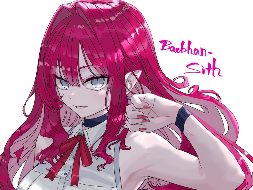 1girl baobhan_sith_(fate) breasts character_name choker fate/grand_order fate_(series) grey_eyes hand_up highres long_hair looking_at_viewer niwaikanai pink_hair pink_nails pointy_ears sidelocks smile solo upper_body white_background