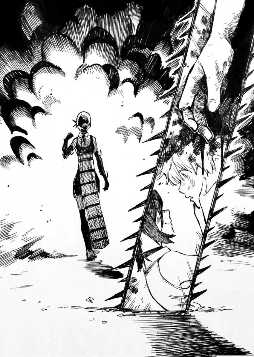 1boy 1girl andony_strawhat apron blood bomb_devil_(chainsaw_man) chainsaw chainsaw_man denji_(chainsaw_man) elbow_gloves explosion gloves greyscale highres imminent_fight monochrome neck_ribbon reze_(chainsaw_man) ribbon shorts thighhighs