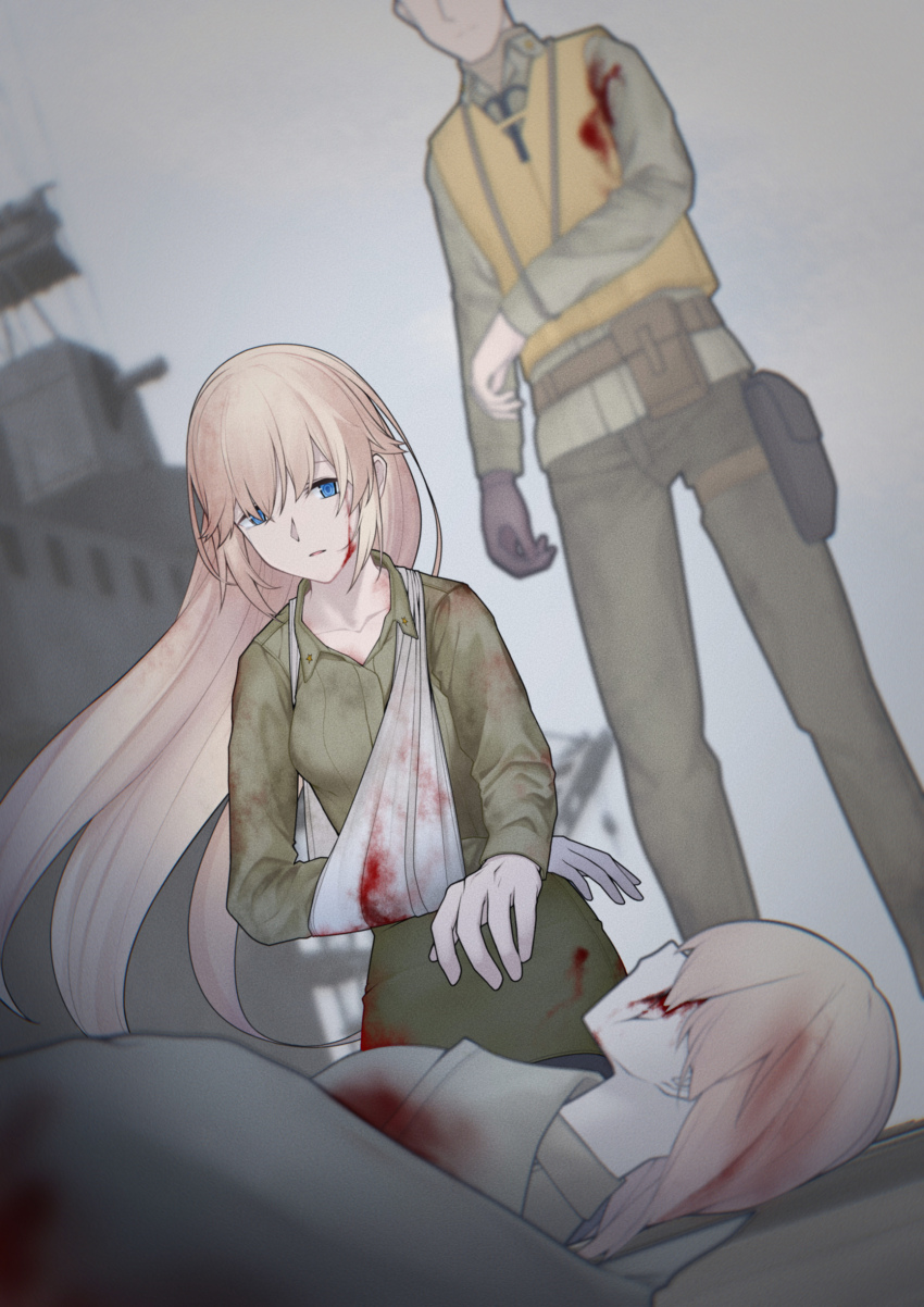 1boy 2girls absurdres aircraft_carrier arm_sling battle_of_midway belt blood blood_on_clothes blood_on_face blue_eyes brown_belt enterprise_(warship_girls_r) green_pants green_shirt grey_background highres injury life_vest long_hair macayase military_fatigues military_uniform military_vehicle multiple_girls pants ship shirt under_covers warship warship_girls_r watercraft world_war_ii yorktown_(warship_girls_r)