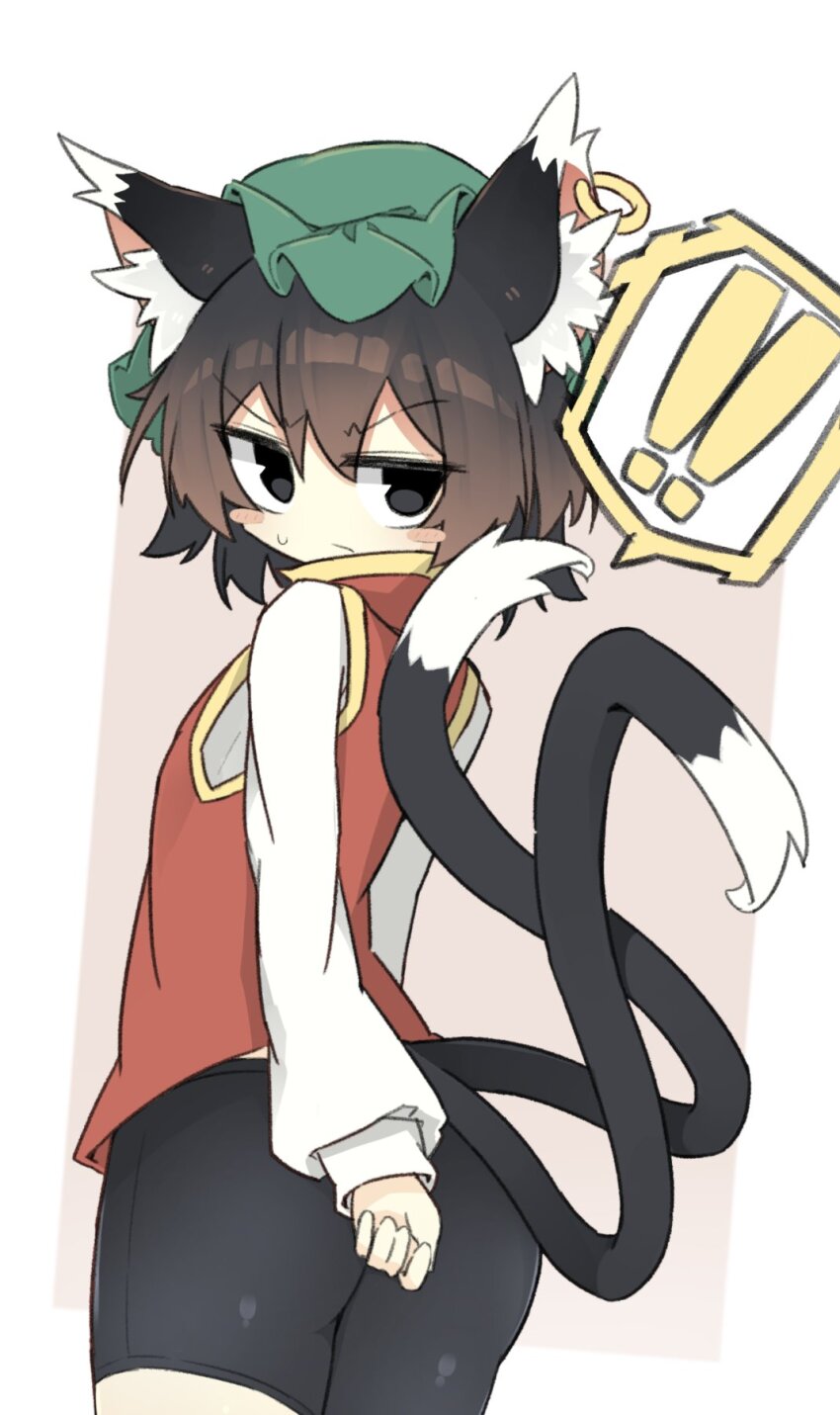 ! !! 1girl :/ animal_ear_fluff animal_ear_piercing animal_ears arm_at_side ass bike_shorts black_eyes blush_stickers brown_hair cat_ears cat_tail chen commentary_request cowboy_shot double-parted_bangs earrings frills gold_trim hair_between_eyes hat highres jewelry long_sleeves looking_back mob_cap multiple_tails nekomata puffy_long_sleeves puffy_sleeves red_vest ro_74 simple_background single_earring sleeves_past_wrists solo spoken_exclamation_mark tail touhou two_tails v-shaped_eyebrows vest white_background