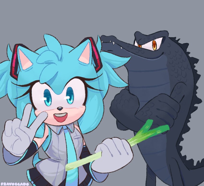 1boy 1girl amy_rose artist_name blue_eyes blue_fur blue_necktie cosplay crocodile_boy crossed_arms detached_sleeves fravoccado gloves godzilla godzilla_(cosplay) godzilla_(series) grey_background grey_shirt hair_ornament hatsune_miku hatsune_miku_(cosplay) hedgehog_girl highres looking_at_viewer miniskirt necktie open_mouth orange_eyes pleated_skirt shirt short_hair simple_background skirt sleeveless sonic_(series) spring_onion v vector_the_crocodile vocaloid white_gloves