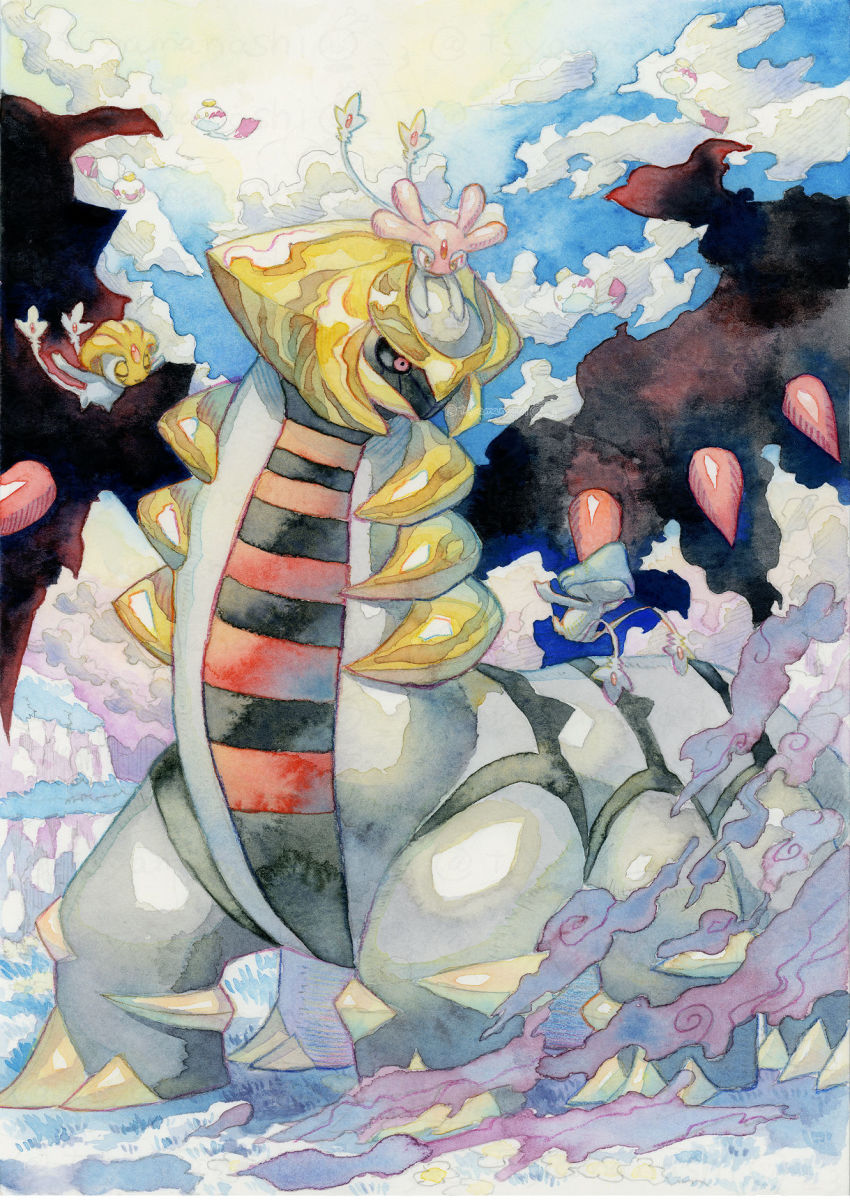 azelf blue_sky chimecho cloud cloudy_sky commentary_request day full_body gen_3_pokemon gen_4_pokemon giratina giratina_(altered) highres legendary_pokemon looking_at_another mesprit nintendo no_humans outdoors pokemon pokemon_(creature) simple_background sky standing sunlight twitter_username uxie watermark wings yamanashi_taiki
