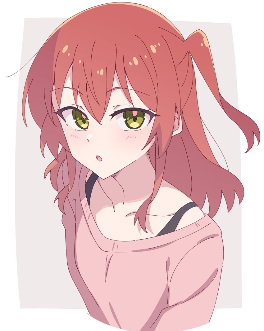 1girl :o bocchi_the_rock! border collarbone cropped_torso e20 green_eyes grey_background hair_between_eyes highres kita_ikuyo light_blush looking_at_viewer medium_hair off_shoulder one_side_up open_mouth orange_hair outside_border pink_sweater simple_background solo sweater white_border