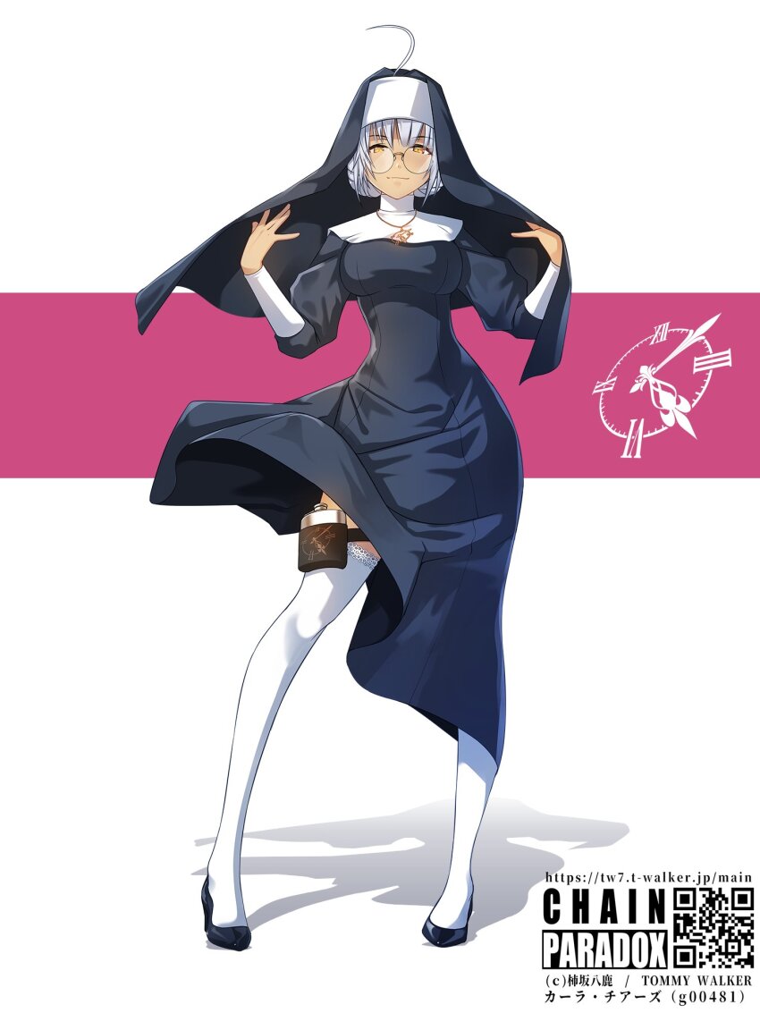 1girl ahoge breasts chain_paradox dark-skinned_female dark_skin full_body glasses grey_hair habit high_heels highres hip_flask jewelry kakizaka_hachishika large_breasts necklace nun pink_background qr_code round_eyewear shadow solo standing thigh_strap thighhighs two-tone_background white_background yellow_eyes