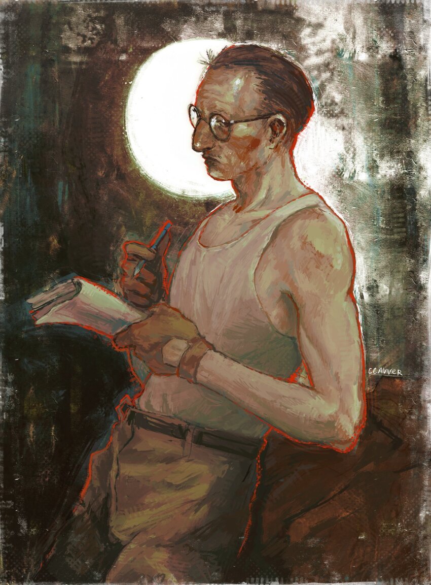 1boy bare_shoulders black_eyes brown_gloves brown_hair brown_pants ccavver cowboy_shot disco_elysium expressionless glasses gloves highres holding holding_notebook holding_pencil kim_kitsuragi looking_at_viewer male_focus mature_male notebook painterly pants pencil realistic round_eyewear short_hair signature solo tank_top toned toned_male white_tank_top