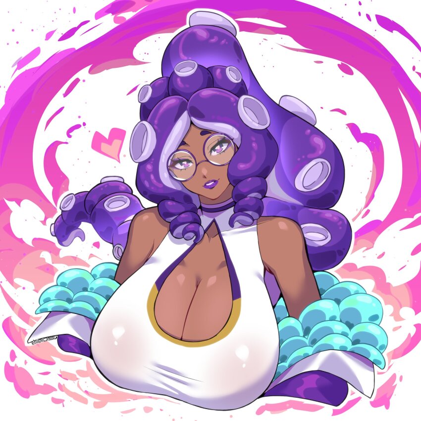1girl breasts catboi_arry cleavage cleavage_cutout clothing_cutout dark-skinned_female dark_skin heart highres huge_breasts indie_virtual_youtuber long_hair looking_at_viewer momma_occo nintendo octoling purple_eyes purple_hair purple_lips round_eyewear shirt sleeveless sleeveless_shirt solo splatoon_(series) tentacle_hair upper_body virtual_youtuber white_shirt