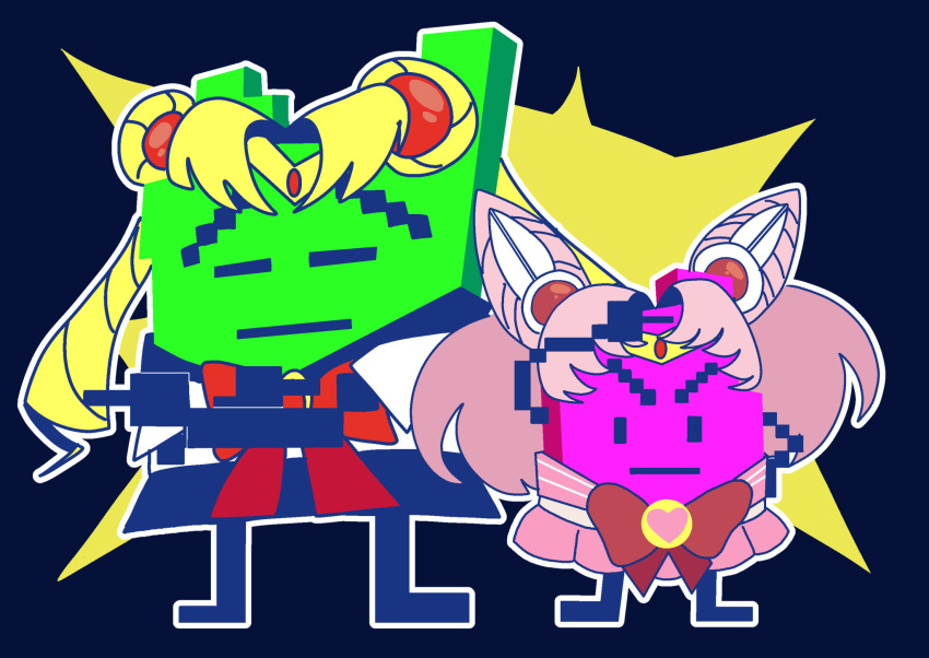 2boys accessories_switch alien alternate_costume ambiguous_gender aqua_teen_hunger_force artist_request bad_source bishoujo_senshi_sailor_moon black_background blonde_hair blue_background bow bowtie chibi_usa chibi_usa_(cosplay) clothes_lift colored_skin cosplay crossdressing dress err green_skin hair_between_eyes hair_ornament highres ignignokt image_sample mooninites multiple_boys necktie pink_hair pixelated purple_skin red_bow red_necktie red_ribbon ribbon sailor_chibi_moon sailor_chibi_moon_(cosplay) sailor_collar sailor_dress sailor_moon sailor_moon_(cosplay) shirt shirt_lift size_difference skirt tiara tsuki_ni_kawatte_oshioki_yo tumblr_sample twintails white_shirt