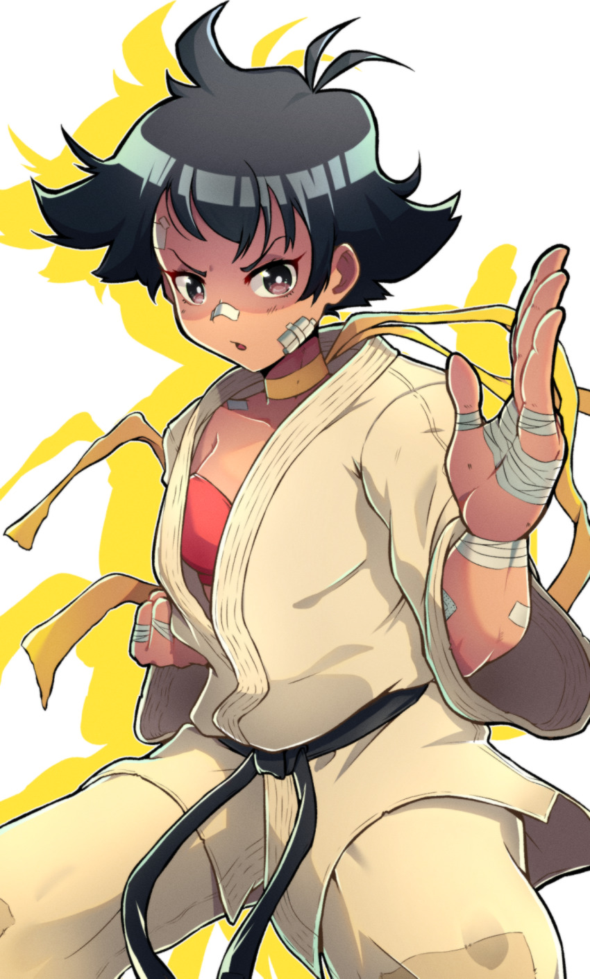 1girl black_hair choker commentary dougi highres karate_gi makoto_(street_fighter) martial_arts_belt red_sports_bra ribbon_choker short_hair showers-u solo sports_bra street_fighter tomboy yellow_choker