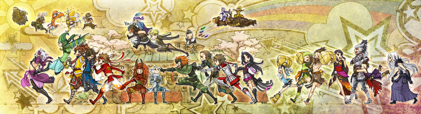 00s 4girls 6+boys absolutely_everyone akechi_mitsuhide akechi_mitsuhide_(sengoku_basara) annotation_request azai_nagamasa azai_nagamasa_(sengoku_basara) chasing chosokabe_motochika chousokabe_motochika dango date_masamune date_masamune_(sengoku_basara) everyone eyepatch flying_kick food fuuma_kotarou fuuma_kotarou_(sengoku_basara) headband highres hojo_ujimasa honda_tadakatsu honganji_kennyo houjou_ujimasa imagawa_yoshimoto itsuki_(sengoku_basara) kasuga kasuga_(sengoku_basara) katakura_kojuurou kicking long_image maeda_keiji maeda_toshiie matsu matsu_(sengoku_basara) matsunaga_hisahide miyamoto_musashi monkey mori_ranmaru mouri_motonari multiple_boys multiple_girls namakura_shiki nouhime oda_nobunaga oda_nobunaga_(sengoku_basara) oichi oichi_(sengoku_basara) rainbow running sanada_yukimura sanada_yukimura_(sengoku_basara) sarutobi_sasuke sengoku_basara shimazu_yoshihiro takeda_shingen takenaka_hanbee takenaka_hanbee_(sengoku_basara) tokugawa_ieyasu toyotomi_hideyoshi toyotomi_hideyoshi_(sengoku_basara) uesugi_kenshin uesugi_kenshin_(sengoku_basara) wagashi wide_image zabii