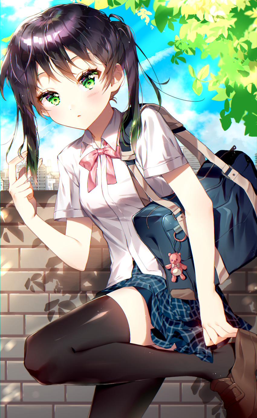 1girl adjusting_clothes adjusting_shoe bag bag_charm bear_charm black_hair black_thighhighs blue_sky blush brick_wall brown_shoes charm_(object) city colored_tips cowboy_shot day female_focus green_eyes green_hair healthfairy highres light_blush looking_at_viewer love_live! love_live!_nijigasaki_high_school_idol_club multicolored_hair nijigasaki_school_uniform outdoors pink_ribbon plaid_clothes plaid_skirt pleated_skirt red_ribbon ribbon ruffling_hair school_uniform shirt shoes short_sleeves shoulder_bag skirt sky solo takasaki_yu thighhighs twintails two-tone_hair untucked_shirt wall zettai_ryouiki