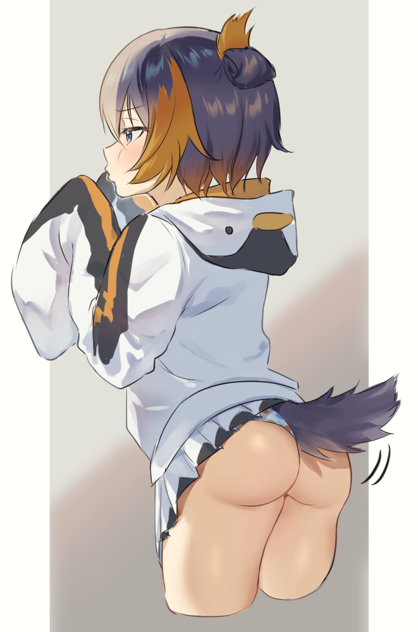1girl animal_hood ass black_hair blonde_hair blue_eyes blush commentary english_commentary folded_ponytail from_behind highres hitsuji_(sheep_tamura) hood long_sleeves miniskirt motion_lines multicolored_hair nijisanji nijisanji_en panties penguin_girl penguin_hood penguin_tail petra_gurin petra_gurin_(1st_costume) pleated_skirt polka_dot polka_dot_panties pursed_lips skirt sleeves_past_fingers sleeves_past_wrists solo streaked_hair tail tail_wagging thighs underwear virtual_youtuber