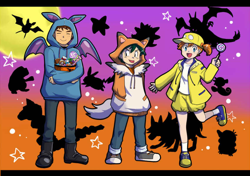1girl 2boys animal_ears ash_ketchum black_eyes blue_eyes brock_(pokemon) candy charizard chocolate closed_eyes croagunk facial_mark fake_animal_ears food full_body game_freak gen_1_pokemon gen_4_pokemon gen_7_pokemon gengar halloween halloween_bucket hat hood hoodie lollipop lycanroc lycanroc_(dusk) misty_(pokemon) moon multiple_boys nintendo onix pikachu pokemon pokemon_(anime) pokemon_(classic_anime) ponytail psyduck puijiro side_ponytail silhouette standing staryu tail tongue tongue_out zubat