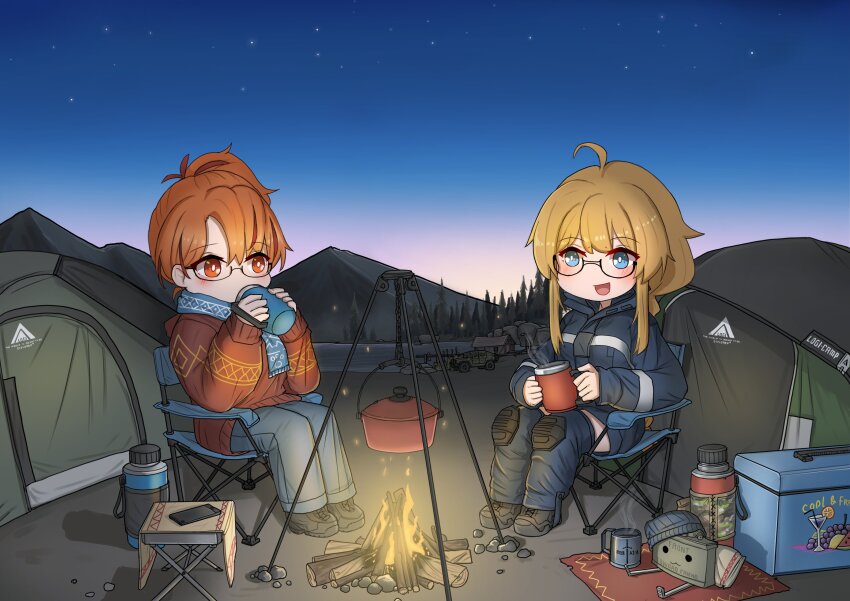 2girls absurdres ahoge beanie black_footwear black_jacket black_shorts blonde_hair blue_eyes blue_pants blue_scarf bright_pupils campfire camping camping_chair claymore_(mine) cooler cup dawn drinking explosive folding_chair glasses hat highres holding holding_cup indie_virtual_youtuber jacket long_hair mako_fukasame mine_(weapon) mountainous_horizon multiple_girls open_mouth orange_eyes orange_hair orange_sweater pants scarf second-party_source shorts sidelocks sitting sky srtdrawart sweater tent thermos unworn_headwear virtual_youtuber whiskey_project white_pupils