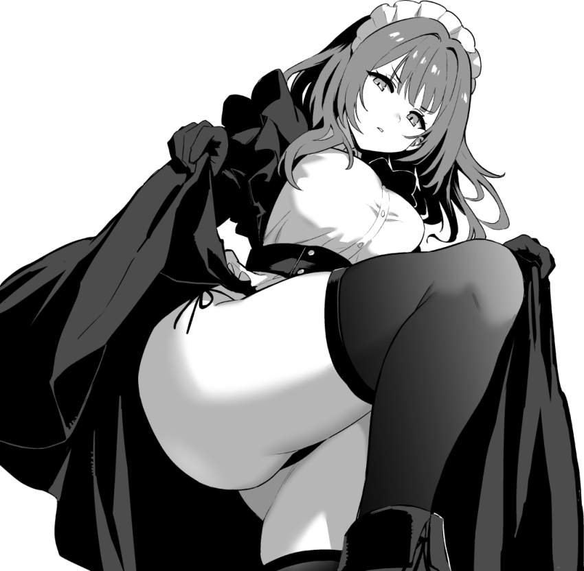 1girl azur_lane azur_lane:_slow_ahead black_gloves black_panties black_thighhighs clothes_lift devonshire_(azur_lane) dress dress_lift from_below gloves gluteal_fold greyscale hori_(hori_no_su) knee_up looking_at_viewer maid maid_headdress medium_hair monochrome official_art panties side-tie_panties simple_background solo thighhighs underwear white_background