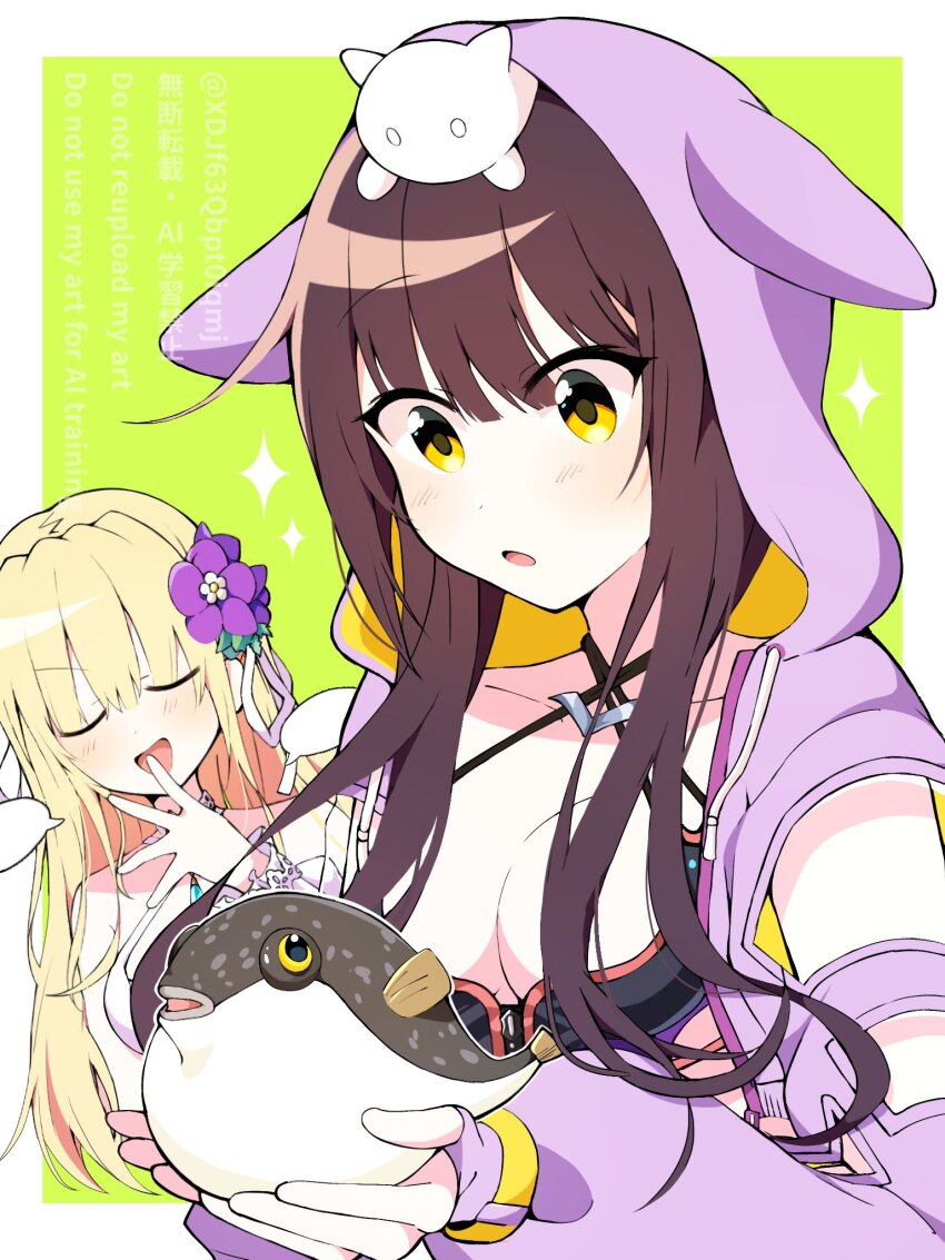 2girls animal animal_on_head asakura_karen_(heaven_burns_red) bikini black_bikini black_hair blonde_hair breasts collarbone fish heaven_burns_red highres hood hood_up hooded_jacket jacket long_hair long_sleeves medium_breasts multiple_girls on_head puffer_fish purple_jacket ribbon swimsuit toujou_tsukasa white_bikini xdjf63qbpt0iqmj yellow_eyes