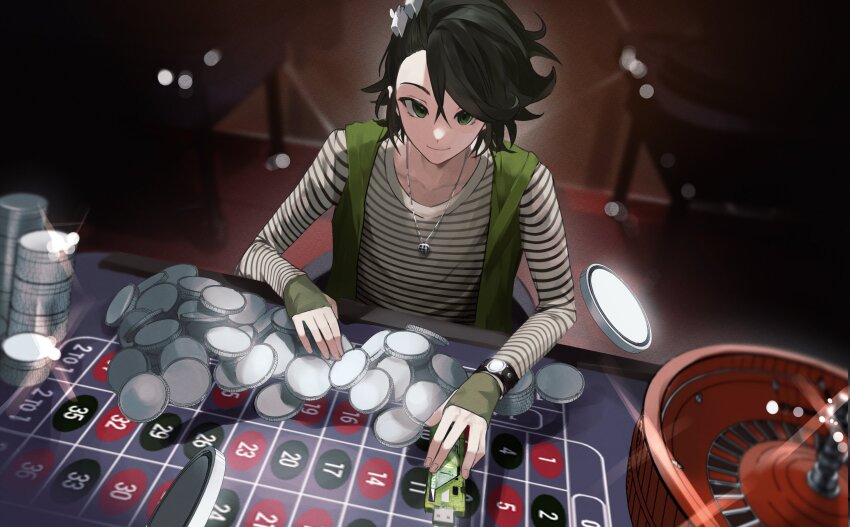 1boy black_hair casino_card_table fingerless_gloves gaia_memory gambling gloves green_eyes green_gloves highres jewelry kamen_rider kamen_rider_w necklace philip_(kamen_rider) poker_chip poker_table roulette roulette_table shadow shirt sitting sleeveless sleeveless_jacket stool striped_clothes striped_shirt table tokubbm watch wristwatch