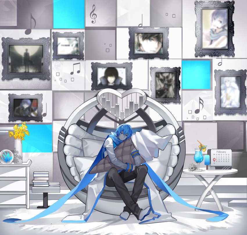 1boy absurdres bad_id bad_pixiv_id ball_chair beamed_eighth_notes black_pants blue_eyes blue_hair blue_scarf book book_stack calendar_(object) coat colored_skin commentary drinking_straw eighth_note flower food framed_image fruit graphic_equalizer heart highres holding holding_toy ice_cream_bar ice_cream_cone kaito_(vocaloid) kazenemuri lemon lemon_slice light_smile looking_at_viewer male_focus musical_note hugging_object oversized_food oversized_object pants photo_(object) picture_frame quarter_note scarf sitting sixteenth_note solo song_request stuffed_toy table toy treble_clef tropical_drink vase vocaloid waffle_cone white_coat white_footwear white_skin wide_shot yellow_flower